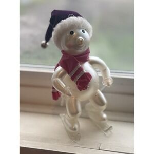 Vintage Glass Snowman Ice Skater Figurine Ornament Frosted Pink Scarf